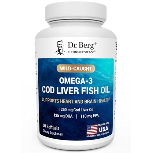 Dr. Berg Maximum Strength Omega-3 Cod Liver Fish Oil (1250 mg) from Wild-Caught Cod - Lemon-Flavored Omega-3 Fish Oil for Women & Men - EPA DHA Supplement – 60 Softgels