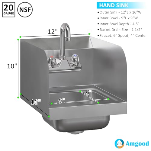 Image of AmGood Stainless Steel Wall Mount Hand Sink with Faucet and Sidesplash 12 inch x 16 inch | NSF Commercial Hand Washing Basin For Restaurant, Kitchen and Home | Bowl Size: 9 inch x 9 inch