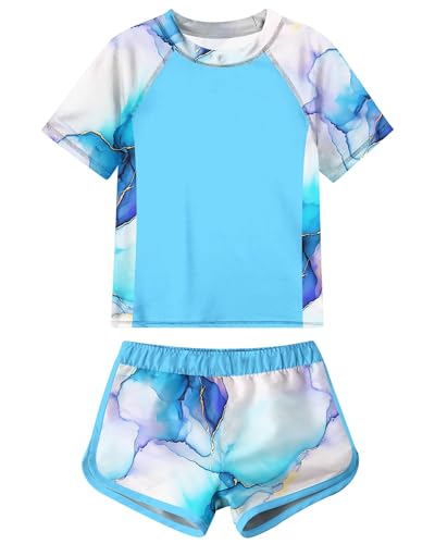 Idgreatim 15T 16T Girls Bathing Suits Marble 2 Piece Swimsuit Blue Quick Dry Swimwear with Short