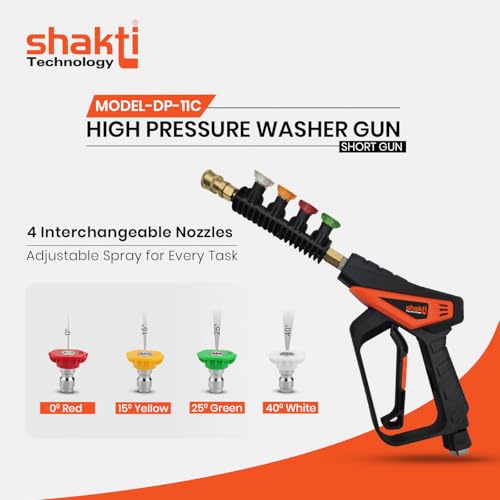 Image of Shakti Technology DP-11C High Pressure Washer Short Gun - 350 Bar Max Pressure, 360 Swivel Inlet, 4 Interchangeable Nozzles, Quick Connect System for Car, Bike & Home Cleaning