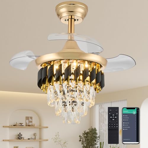 Fejanical 30 Inch Retractable Blade Dimmable Fandelier Ceiling Fan with Light, Crystal Chandelier Ceiling Fan with APP/Remote Control, 6-Speed, Quietness, Reversible for Bedroom, Living Room, Gold