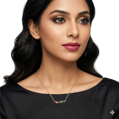 Image of Tulip Flower Pendant Necklace for Women, Red Crystal Bloom, Green Leaf Accents, Gold-Plated Finish