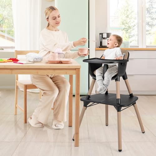 Image of HONEY JOY 5-in-1 High Chair, Convertible Highchair for Babies and Toddlers /Kids Chair Table Set /Infant Feeding Chair w /Safety Harness, PU Leather Cushion & Removable Food Tray (Coffee)