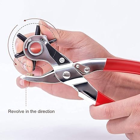 Image of Leather Hole Punch Tool Set -6 Size Revolving Leather Belt Hand Hole Puncher for Belts, Watch Bands, Straps, Dog Collars, Saddles, Shoes, Fabric, DIY Home or Craft Projects (9'', Silver /Red)