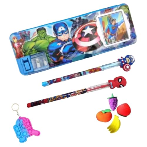 Image of Avenger Pencil Box Integrated Sharpener and Calculator, Magnetic Lock, Dual Compartments, Cartoon Stationery Case School Kit for Girls, Kids, Students Combo Set of 5in1