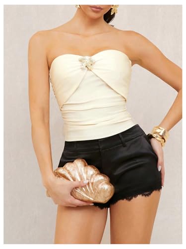 Floerns Women's Rhinestone 3D Floral Sleeveless Bandeau Ruched Strapless Tube Top4