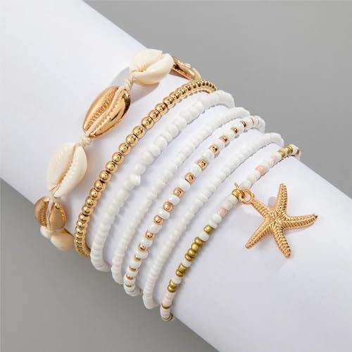 Image of Nanafast Beaded Boho Anklets for Women, Beachy Shell Anklets for Women, Puka Shell & Starfish Charms Beach Jewelry Adjustable