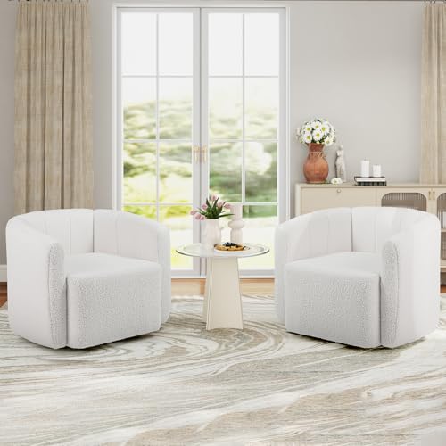Image of Giantex 360 Swivel Accent Chair Set of 2- Sherpa Upholstered Boucle Barrel Club Chair with Padded Armrests, Modern Round Arm Chair for Reading, Living Room, Bedroom, Office, White Teddy
