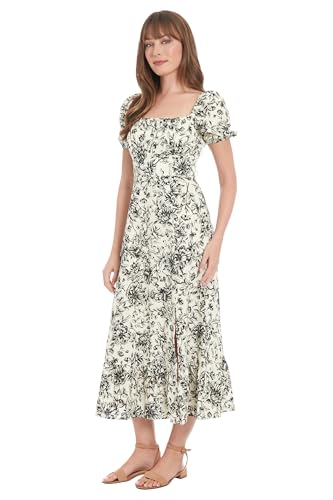 Image of London Times Womens Square Neck Smocked Back Linen Blend Flattering Versatile Spring Summer Garden Party