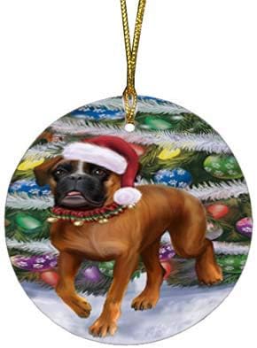 Christmas Express Delivery Red Truck Running Boxer Dogs Round Flat Ornament - Pet Decorative Hanging Ornaments for Christmas X-mas Tree Decorations - 2.75" Round Christmas Ornament