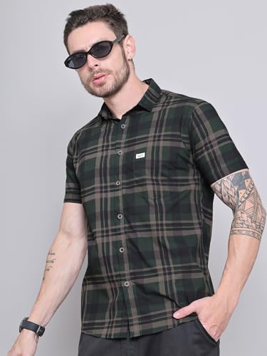 Image of Majestic Man Men Comfort Slim Fit Checked Pure Cotton Half Sleeve Casual Shirt