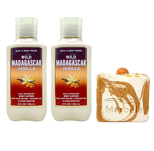 Bath & Body Works Wild Madagascar Vanilla 2 Pack Body Lotion with a Peach Gardenia Bar Soap - Full Size