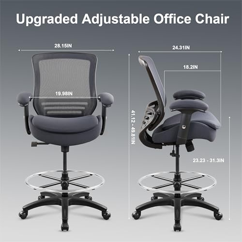 Image of 400lbs Wide Mid-Back Office Drafting Chair with Extra Seat Cushion for High Standing Desk with Lumbar Support and Enlarged Adjustable Footring(Gray)