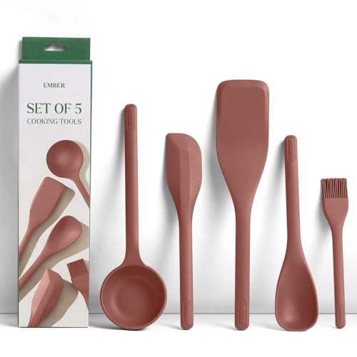 Image of Ember Cookware Silicone Kitchen Tool Set of 5 - Ladle, Brush, Flip, Stir & Scraper | 230C Heat Resistant | Platinum Grade Silicone- Food Safe | Non Scratch Seamless Unibody Design | Terracotta