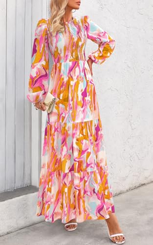 Image of PRETTYGARDEN Women's Fall Dresses 2026 Long Sleeve Flowy Casual Floral Maxi Dress Crew Neck Smocked Tiered Long Dress