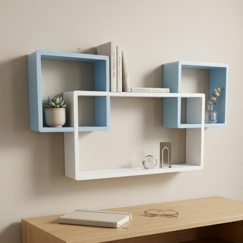 Image of Modern Geometric Floating Wall Shelf - Wall Mounted Decorative Display Shelves for Living Room, Bedroom & Office | Wooden Wall Shelf for Home Decor, Books, Plants & Showpieces WHITE & SKY BLUE