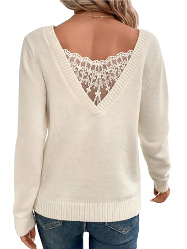 Soly Hux 1030025364-10-19-S Women'S V Neck Sweaters Lace Back Pullover Sweater Long Sleeve Knit Tops Pure Apricot S cover