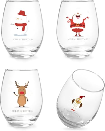 Jogskeor Set of 4 Christmas Themed Wine Glasses, Funny Santa