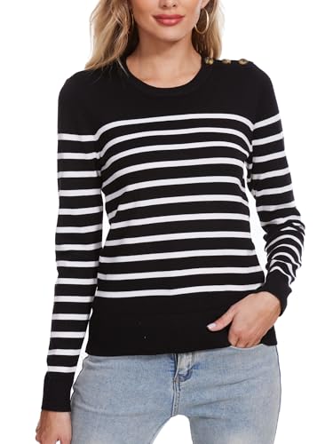 Spicy Sandia Women's Lightweight Long Sleeve Crew Neck Sweaters Striped Casual Knit Pullover Tops
