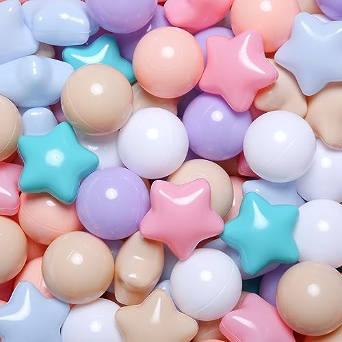 Realhaha Ball Pit Balls 100 PCS, Star Shapes for Babies Kids Playpen Plastic Balls for Babies Ball Pool Puppy Playballs, Macaron Pink Green Milktea Purple