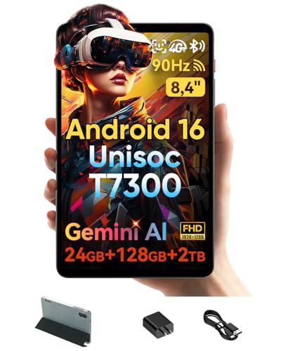 BNCF 8.4" Android 16 Tablet with Gemini AI, Unisoc T7300 Octa-Core 24(8+16) GB RAM 128GB ROM 2TB TF, FHD 90Hz Portable BPad T1, 13MP Camera 4G LTE & Wi-Fi 6 & BT5.4 & GPS 5500mAh with Protective Case