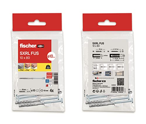 fischer - Tacos con tornillos largos SXRL 10x80, para pared hormigón y ladrillo, Bolsa 4 uds