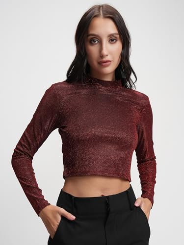 Image of Tokyo Talkies Women's Shimmer High Neck Crop Top | Fitted Full Sleeves | Glamorous & Trendy | Perfect for Parties & Night Out | Tops for Woman | Women Tops | Stylish Top