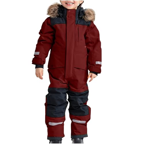 赤ちゃん ジャンプスーツ 子供 スノーウェア つなぎ 防水 スキーウェア ベビー キッズ ジュニア フード付き カバーオール ロンパース 冬 防寒 アウター 暖かい 冬服 プレゼント 雪遊び スノーボード(ワインレッド,80)