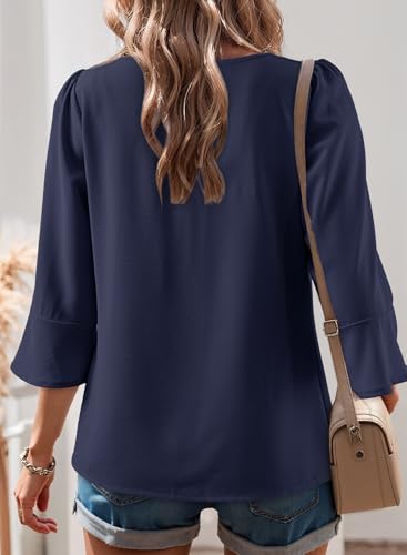 Dokotoo Women's 2025 Fall Fashion Tops 3/4 Sleeve Crewneck Shirts Casual Chiffon Boho Lace Blouses4