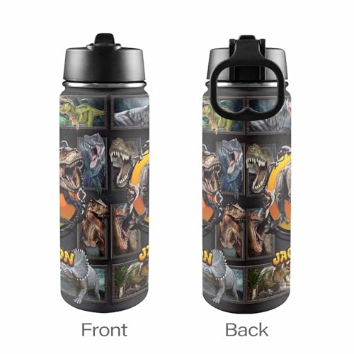 Image of InterestPrint Personalized Children Name Water Bottles with Straw Lid, Customized Dinosaur Insulated Stainless Steel Waterbottle with Name, Travel Cup for Boys School Holiday
