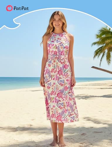Image of PATPAT Family Hawaiian Matching Outfits - Mommy and Me Vacation Outfits | Halter Sundresses and Button Down Shirts,Caribbean Vacation Summer Tropical Outfits,Hawaiian Boho Tropical Floral Printed