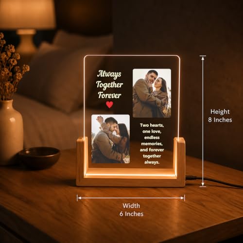 Image of Giftplease Personalized LED Acrylic Photo Frame with Custom Photos & Text | Engraved Acrylic Picture Lamp | USB Warm LED Night Light | Anniversary, Wedding, Birthday, Couple, Family, Home Decor