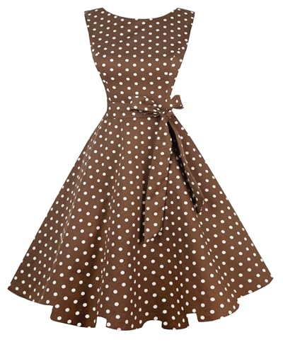 Hanpceirs Women's Boatneck Sleeveless Swing Vintage 1950s Cocktail Dress Brown White Dot L