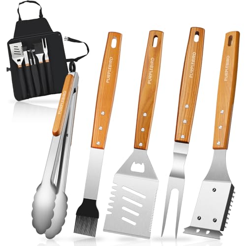 PURPLEBIRD Grillbesteckset 5-TLG, Profi Edelstahl Gril Zubehör Werkzeug Set, Tragetasche mit Schürzenfunktion, Top Grillbesteck-Set mit Holzgriff, Ideal für BBQ Teppanyaki Grill Geschenke für Männer
