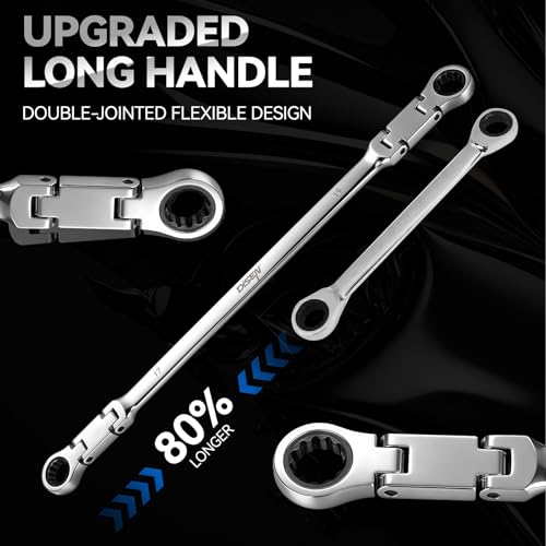 Image of DISEN Extra Long Flex Head Ratchet Wrench Metric 12-13MM, Double Jointed Box End Ratcheting Combination Wrench, 72-Teeth, Cr-V Steel,12 Point