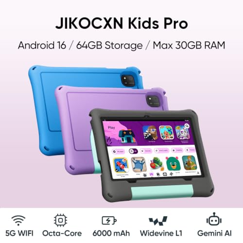 Image of JIKOCXN Kids Tablet, Android 16 Tablet for Kids 10 inch Octa-Core with Case, 24GB RAM 64GB ROM 1TB TF Card Expandable for Toddler Children, Parental Control, Dual Camera, BT5.0, WiFi, Gift (Gray)