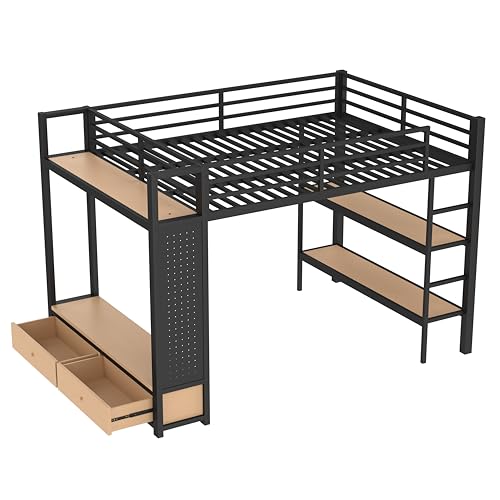 Image of Bellemave Queen Size loft Bed with Wardrobe and Storage Shelves and Pegboard Drawers, Metal Queen Loft Bed Frame for Adults, Kids, Teens, Black