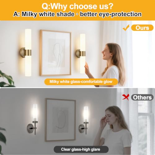 Image of Wall Sconces Set of Two, Modern Bathroom Sconces Wall Lighting with & Milky White Glass, Brass Sconces Wall Decor Set of 2 for Bathroom Mirror Bedroom Living Room Hallway