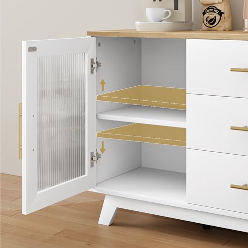 Image of Buffet Cabinet with Storage, 56 inch Sideboard Cabinet with Adjustable Shelves & Fluted Glass Doors - Contemporary Coffee Bar Cabinet for Kitchen & Dining Room,Woodgrain
