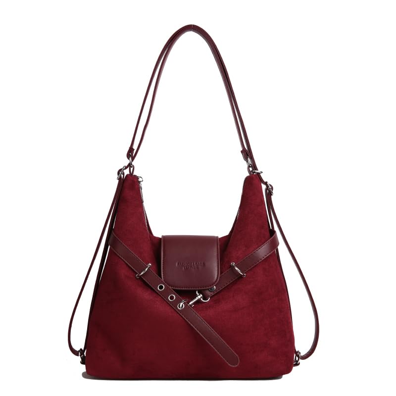 Faux Suede Hobo Bag, Convertible Strap Shoulder Tote, Vintage Brown Purse with Decorative Belt, Elegant Fall&Winter Handbag - Main Image