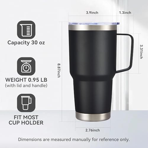 Image of 30 oz Stainless Steel Tumbler with Handle and Lid, 1 Pack | Powder Coated, Double Wall Vacuum Insulated, Leak Proof Lid, Keep Drinks Cold and Hot, for office, party, camping, Black