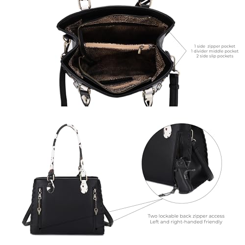 Image of JESSIE & JAMES Montana Whipstitching Cow Print Top Handle Satchel Purse with Adjustable Shoulder Strap