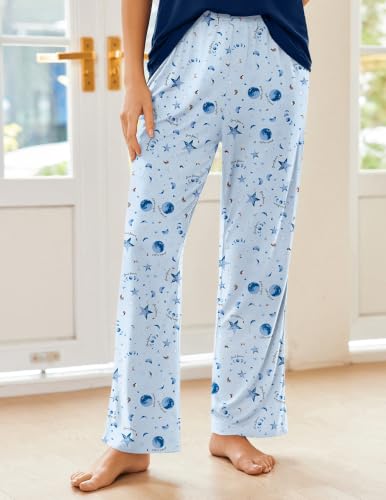 Image of Ekouaer Pajama Sets for Women 2 Piece Short Sleeve Pj V Neck Chest Pocket | Ladies Pajama Sets with Printed Long Pants, Soft Matching Pj Sleepwear, Casual Loose Fall Loungewear, S-XXL