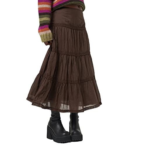 Women's Vintage Elastic High Waist Boho Maxi Skirt Casual Lace Tiered Ruffle A Line Long Skirts3