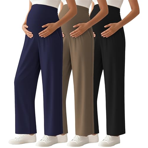 Ecavus 3-Pack Women's Maternity Pants Over Belly Soft Lounge Palazzo Pants Stretch Wide Leg...