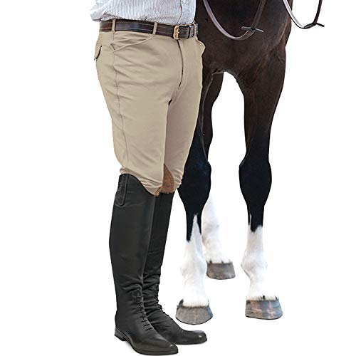 Ovation Men's EuroWeave Front Zip 4-Pocket Knee Patch Woven Breeches, Light Tan, 34