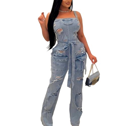 Mandonce Denim Jumpsuit for Women Halter Wide Leg...