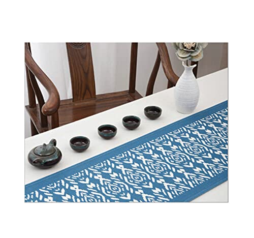 Chemin de table motif géométrique bleu pour protéger et embellir une table longue