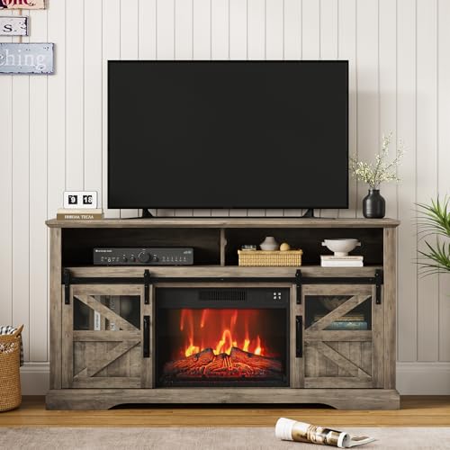 MilleLoom Fireplace TV Stand for Television up to 65+ Inch,Farmhouse Entertainment Center w/ 23'' Electric Fireplace, Large Storage Tv Console Stand with Sliding Barn Door & Adjustable Shelf -Gray