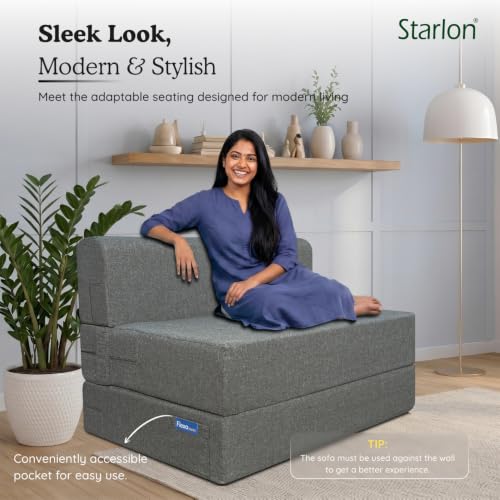 Image of Starlon 3 Seater Foldable Sofa Cum Bed 3-in-1 with 2 Floral Pattern Pillows, Washable Jute Fabric Cover, Space Saving Guest Bed, Ash Gray 6x6 Ft